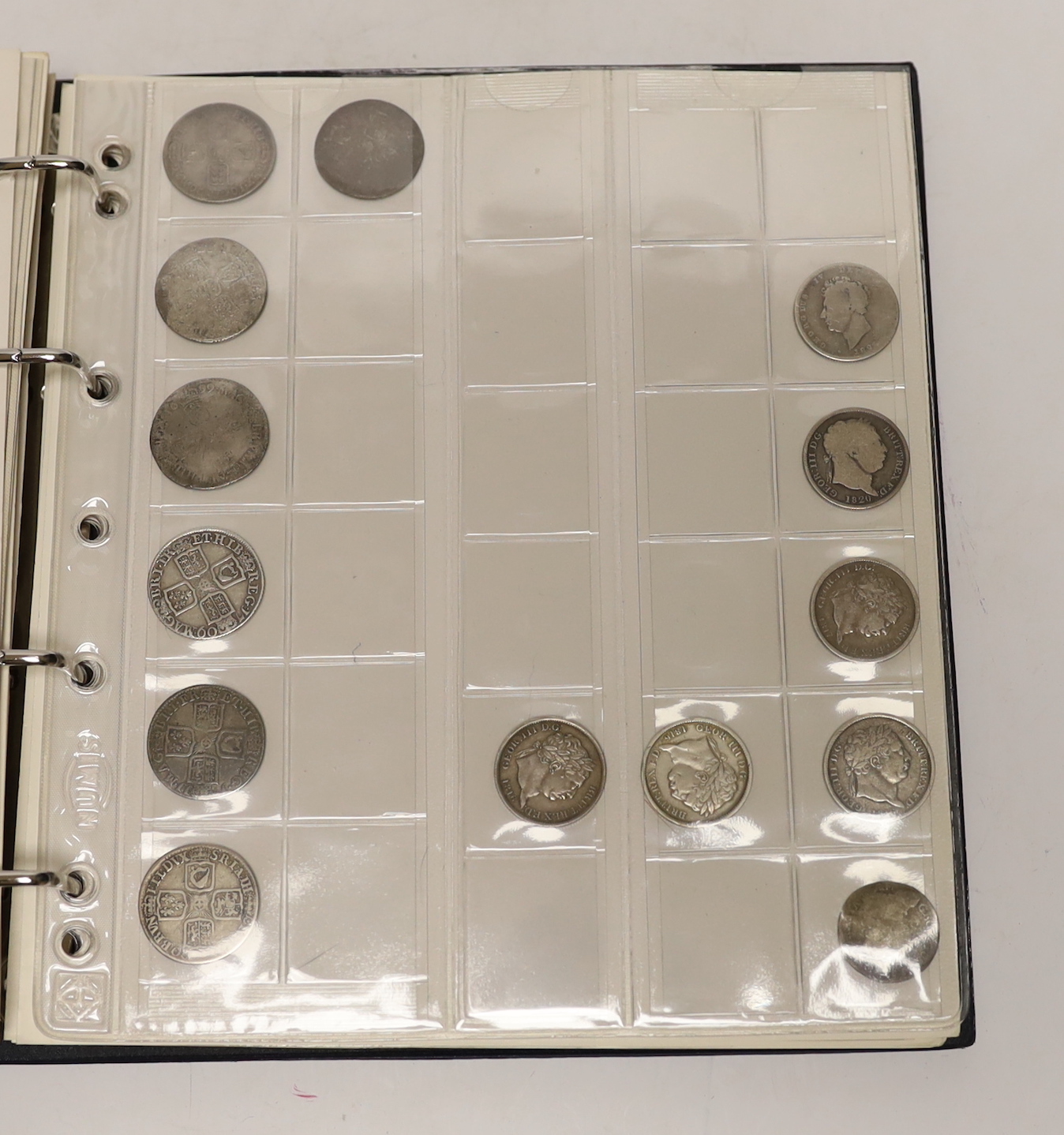 British coins, Charles II to QEII shillings, sixpences and 5p coins, Charles II shilling 1676, holed, William III shilling 1698, Anne shillings 1709, F/VF and 1711, F, many George III to Victoria shillings etc., in an al